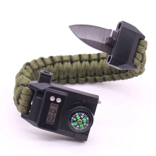 Outdoor 7 In 1 Multifunctional Paracord Knife Survival Bracelets With Digital Watch Fire Starter Compass Whistle