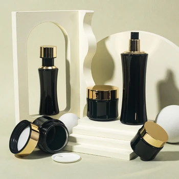 Cosmetics Black plastic lotion cover lotion bottle 150ml Unique shape glass lotion serum pump bottle