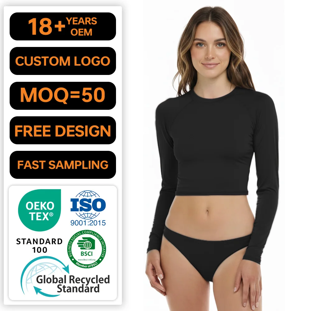 크롭 스타일 UPF 50 래시가드(여성용), 롱슬리브 크루넥, 플랫락 실밥 마감, 수영 래시가드, 맞춤 나일론/스판덱스 수영복 크롭 탑