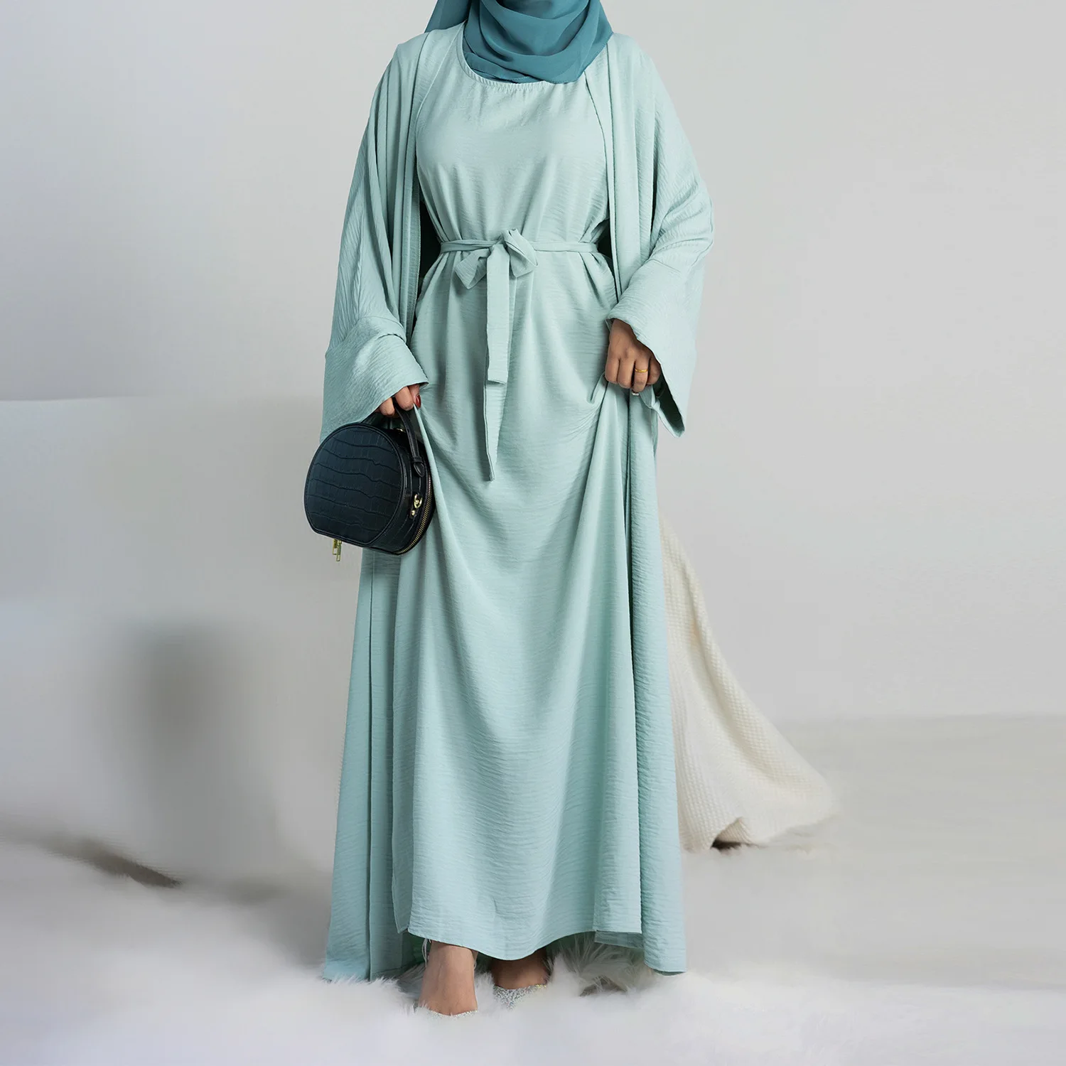 Custom Abaya Set Full Length Solid Color Breathable Abaya Women Muslim Dress Luxury Abaya Set