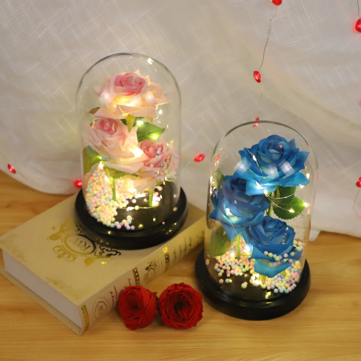 artificial flowers with led lights round glass big dome gift led ornament rose flower gifts for womens