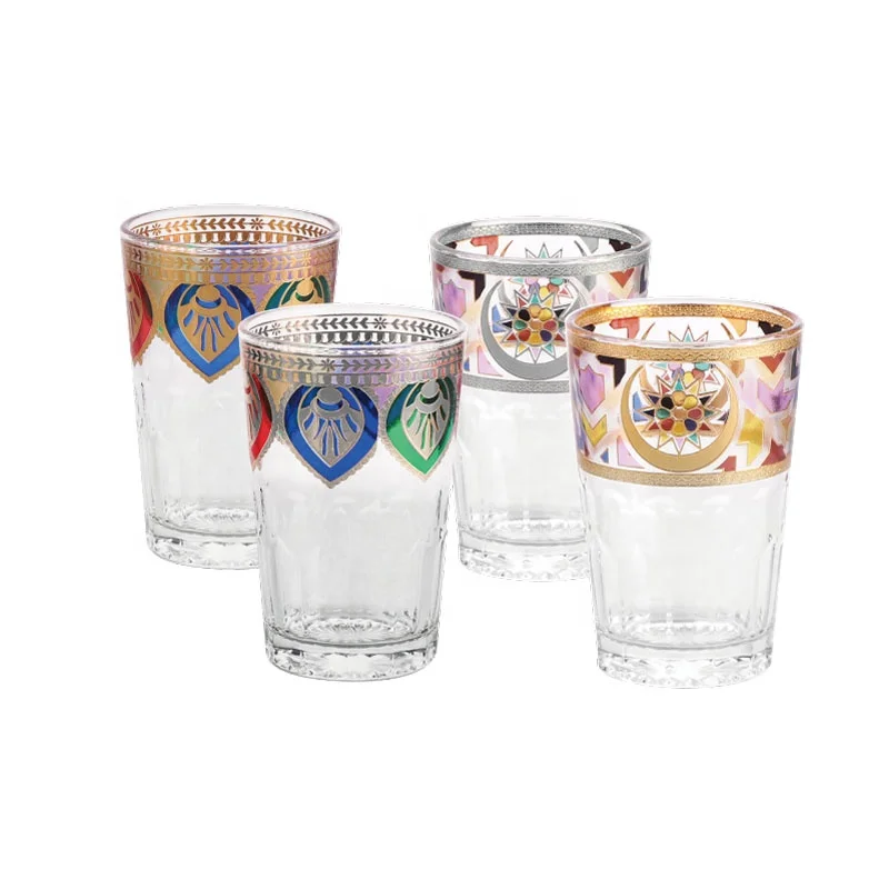 Central Asian markets engraved glass cups with electroplated color gold for  tea serving