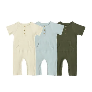 Stretchy 95%Cotton 5%Spandex Infant Ribbed Henley Rompers with Chest Pocket & Snap Crotch for Daily Wear & Spring/Fall