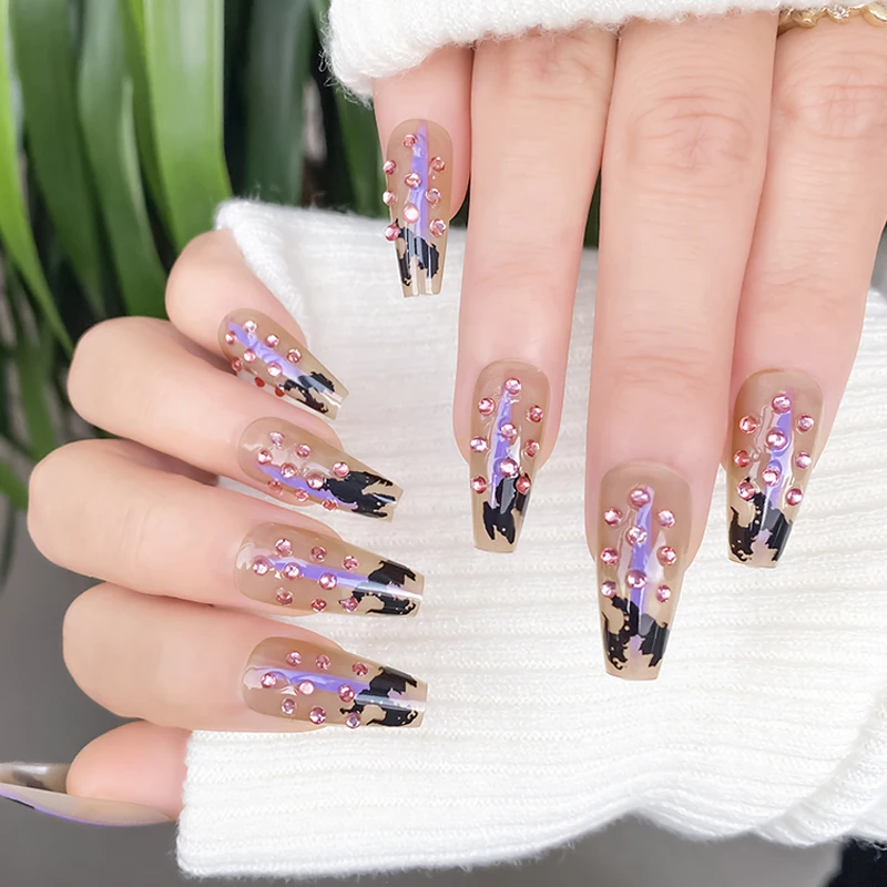 Новое поступление, Роскошные Длинные акриловые накладные ногти в форме балерины со стразами 3d, искусственные ногти