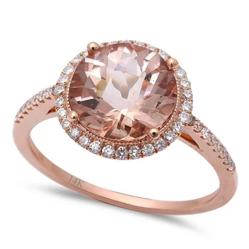 Custom Jewelry 14K Rose Gold Round Cut Natural Gemstone Morganite Diamond Engagement Ring