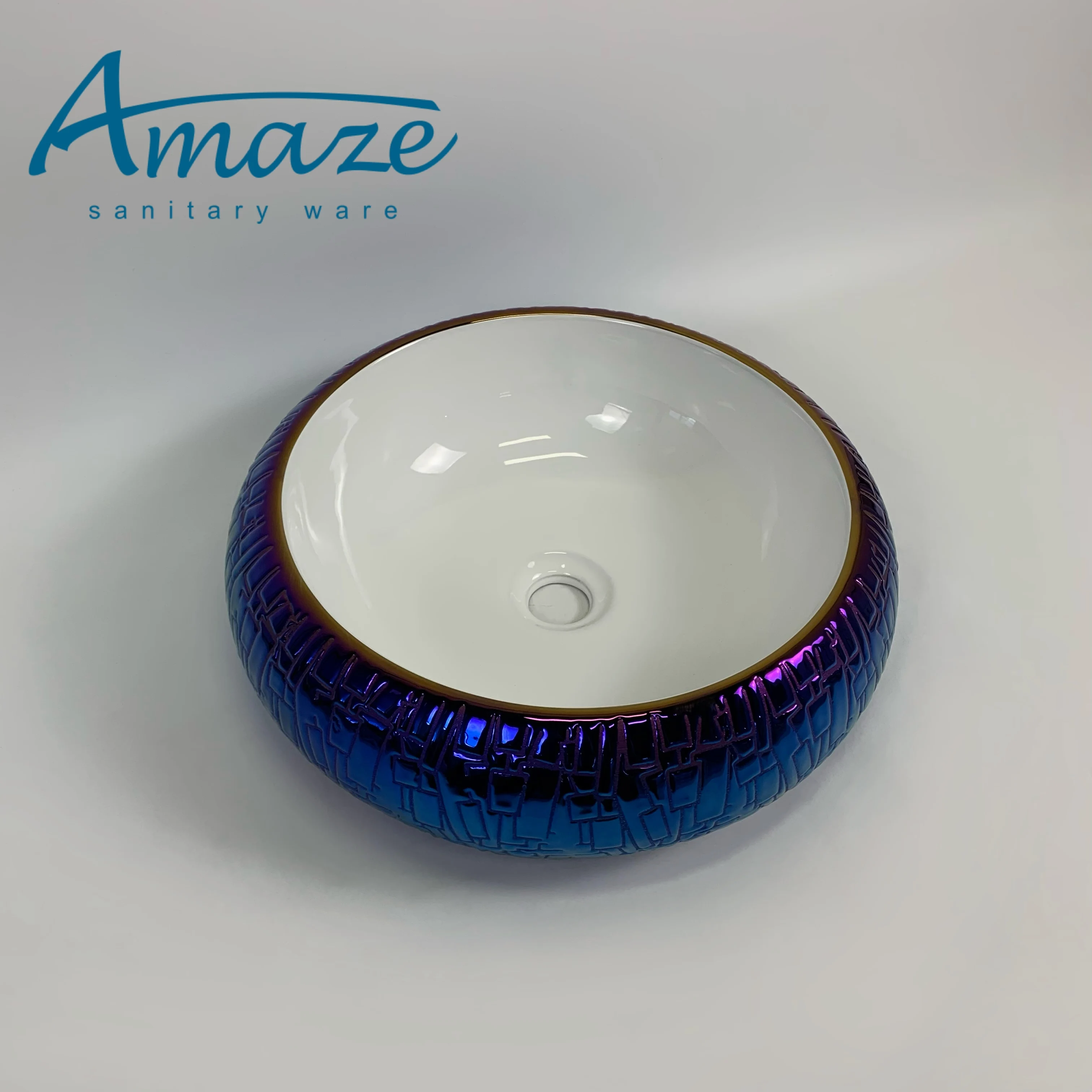 China high quality sanitary ware luxury countertop sink round electroplated blue ceramic art basin home hotel wash basin factory