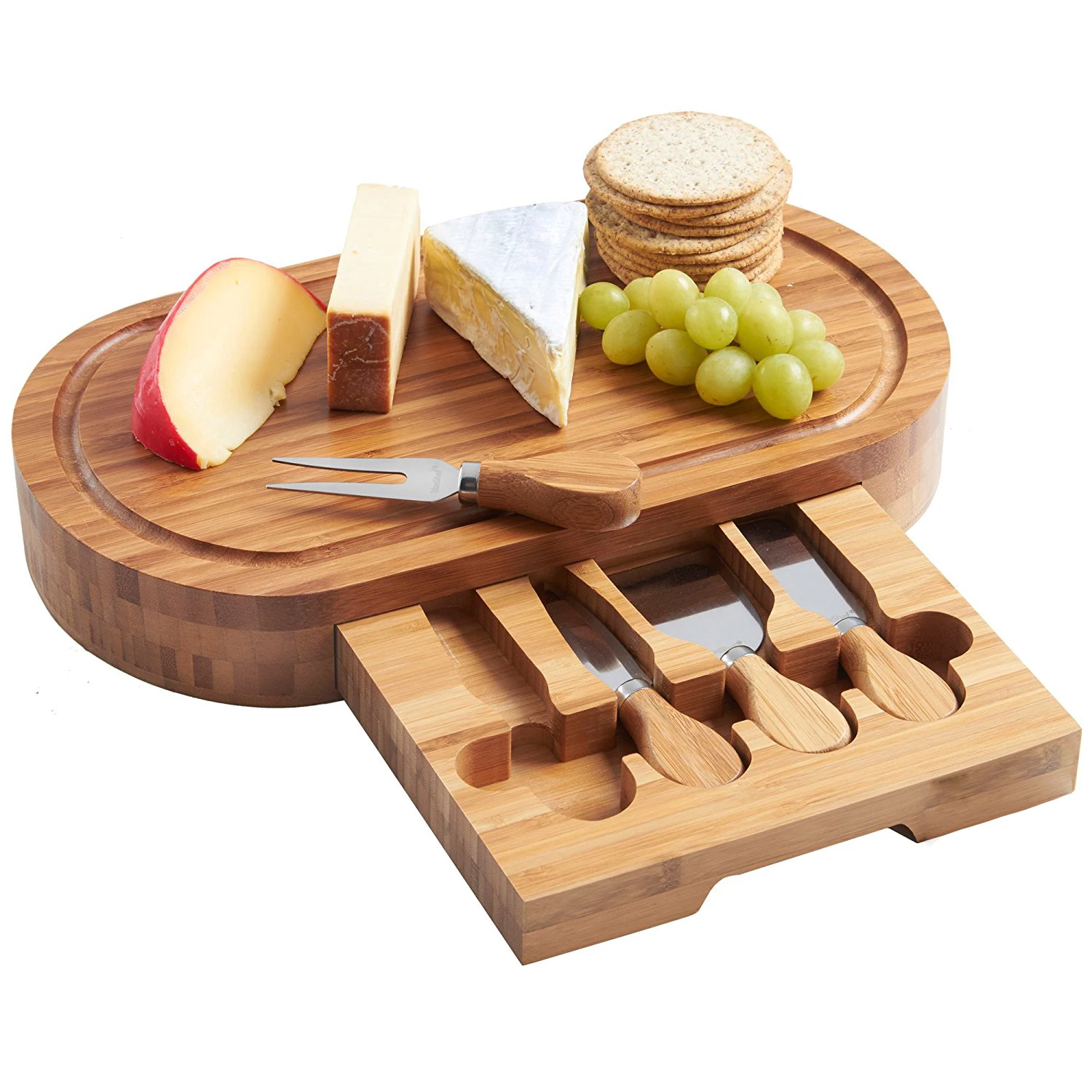 Bamboo Cheese Cutting Board Eco-friendly Charcuterie Serving Tray for Party,Picnic Cheese Board with Cutlery Set