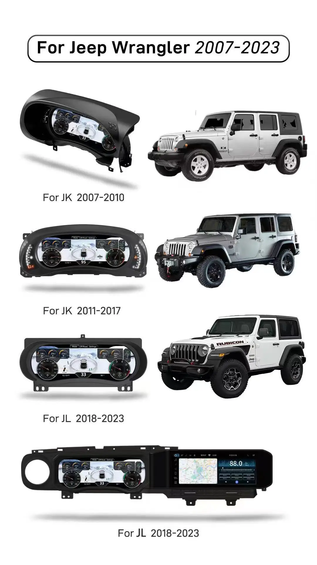 12.3''Car Digital Dashboard LCD Instrument Panel Speedometer for Jeep Wrangler 2007-2023 Cluster