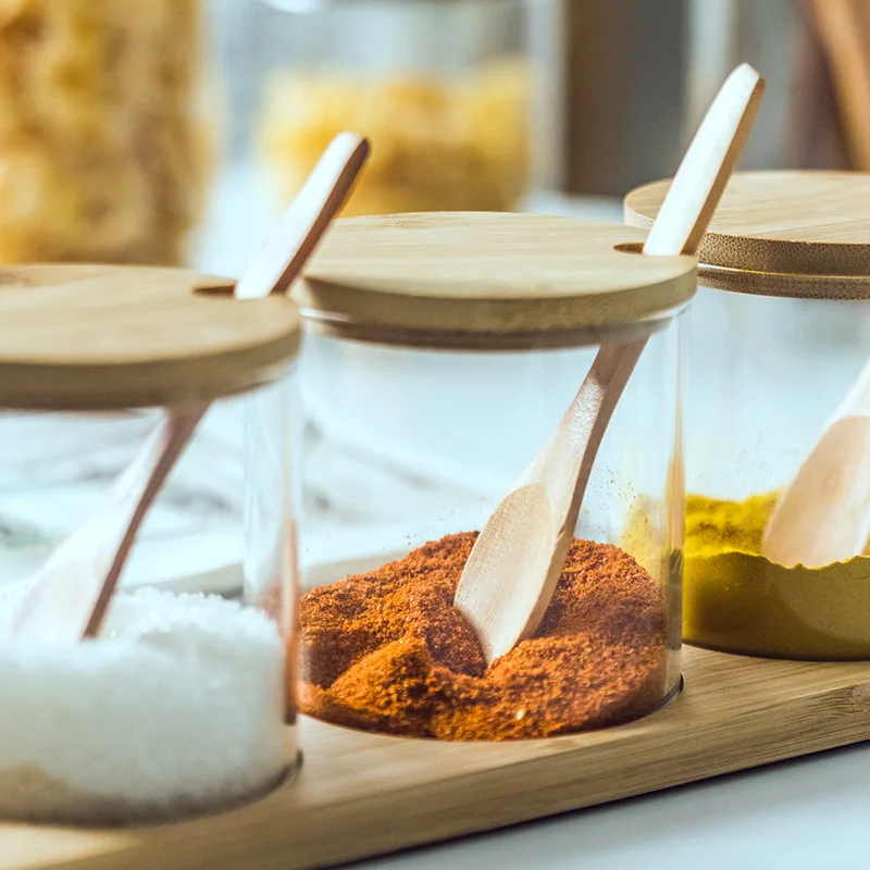 Хит продаж, стеклянные банки для специй с бамбуковой крышкой и ложкой
