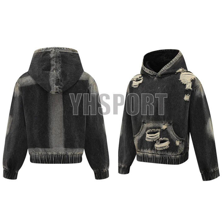 Custom Logo Unisex Style Ripped Hoodie Distressed Acid Wash Hoodie High Quality Faded Black  Hoodie