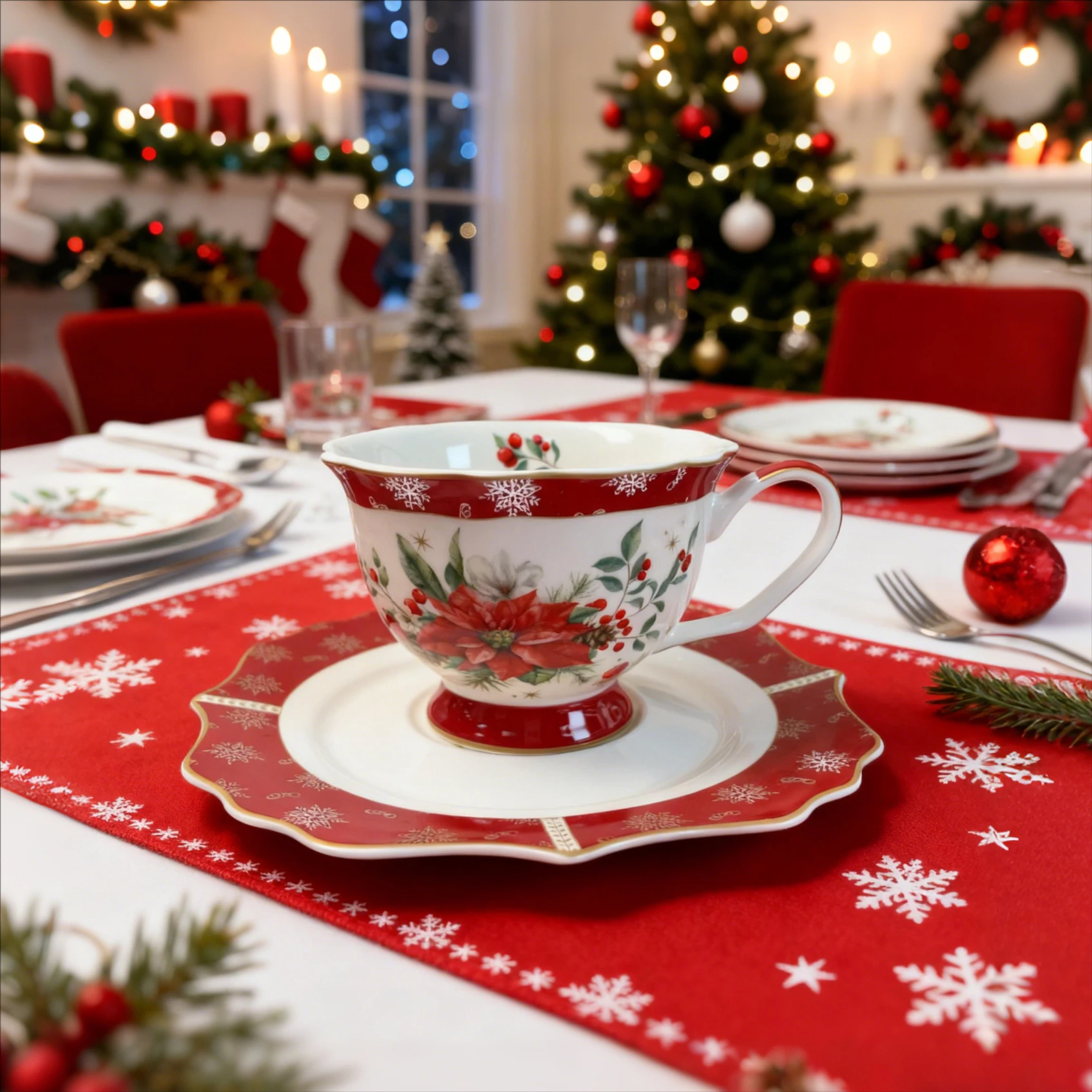 Ελεγαντικό σετ πορσελάνης Χριστουγέννων με φιμέ στην άκρη και σχέδιο κόκκινων νιφάδων χιονιού, φλιτζάνι τσαγιού & κούπας - (Απαραίτητο για εορταστική φιλοξενία)