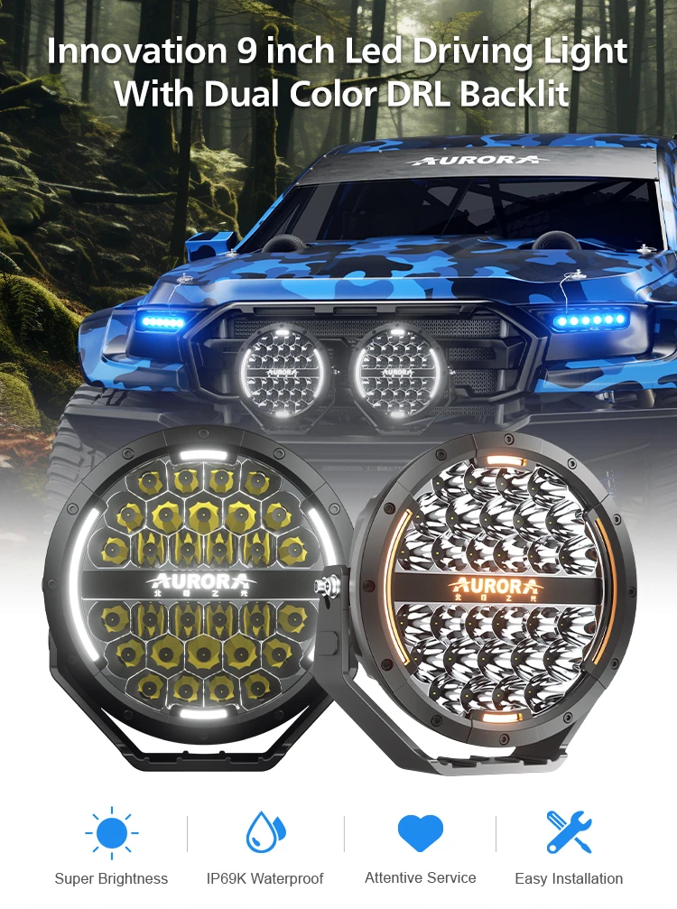 Aurora Dual-color Drl Offroad Driving Light Round Led Work Light 9 Inch ...