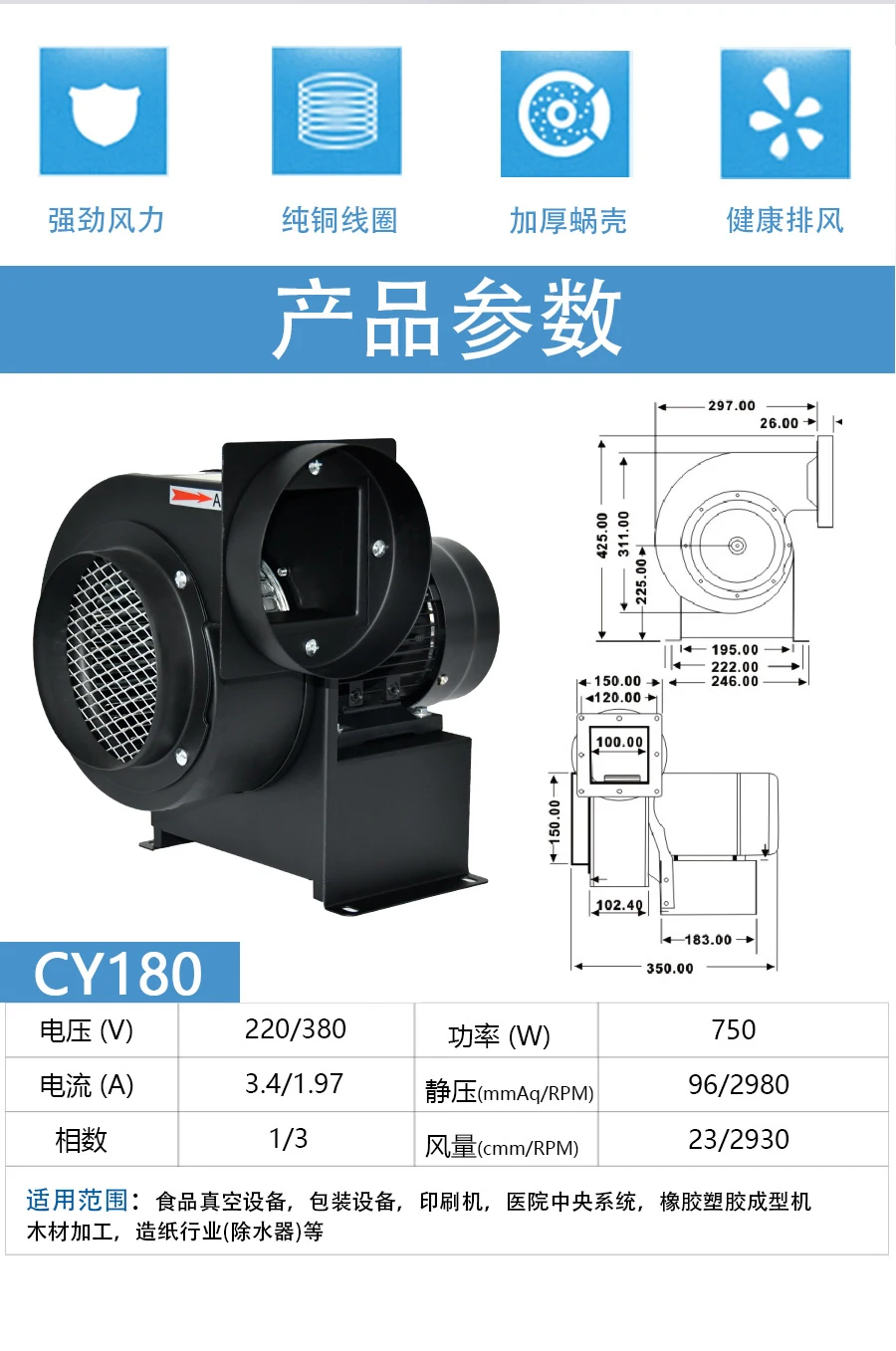 Cross Flow Fan, CY180, 220v/380v, Centrifugal, 750w - detail 6