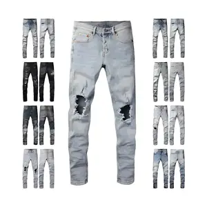 Wholesale Cotton Jeans Denim Shorts Print Streetwear Distressed Ripped Slim Fit Moustache Effect Men's Denim Jeans