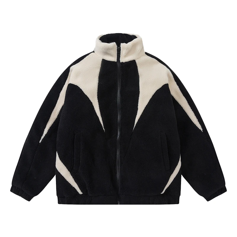 Custom Colorblock Patchwork Stand Collar Baggy Sherpa Fleece Jacket for Winter