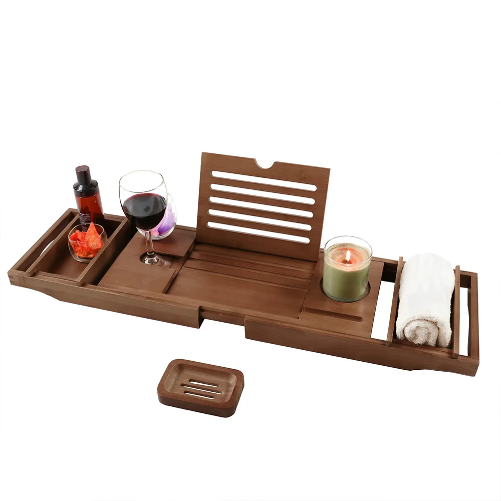 Wholesale Bamboo Bathtub Tray with Wine Glass Phone Holder Bath Tray Soap Tray Extendable up to 105 Centimeters Bathroom Set