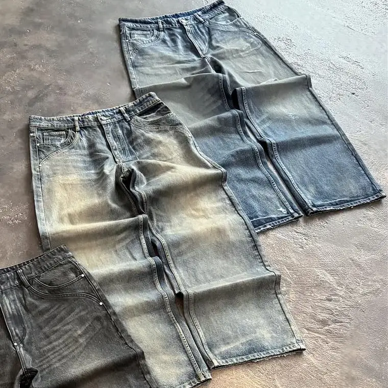 Přizpůsobitelné retro uliční džíny z 100 % bavlny – úprava typu monkey wash / whisker craft, další přizpůsobení možné