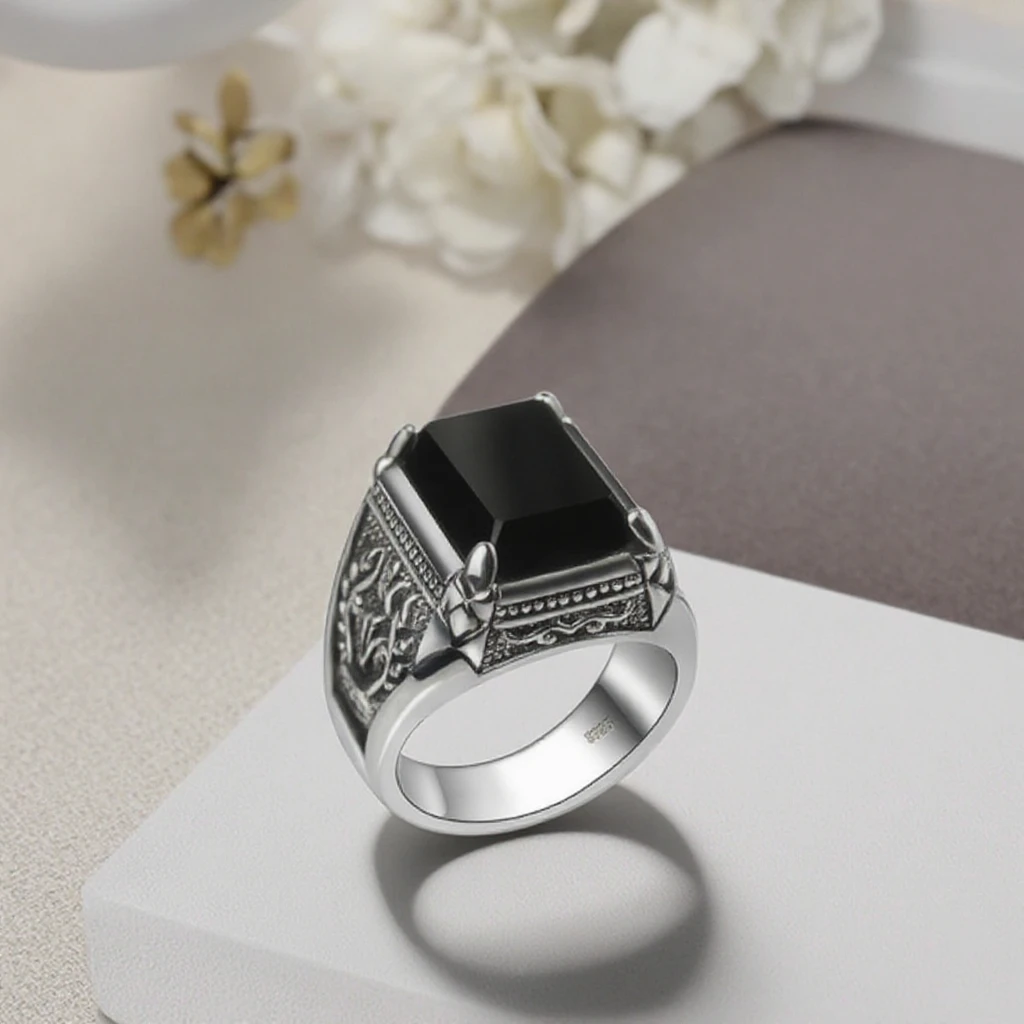 Keiyue Wholesale Men's 8925 Silver Ring with Black Zircon