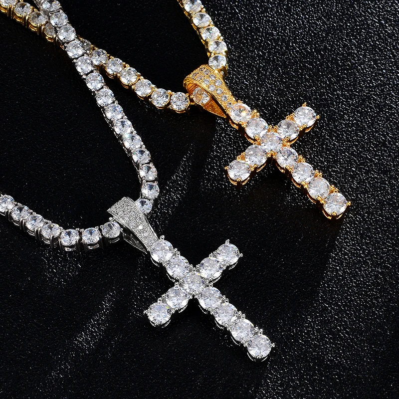 Round Cut Diamond Cross Pendant Iced Out CZ Bling Bling Zircon Diamond Pendants Necklaces 18k Gold Plated Hip Hop Jewelry Men