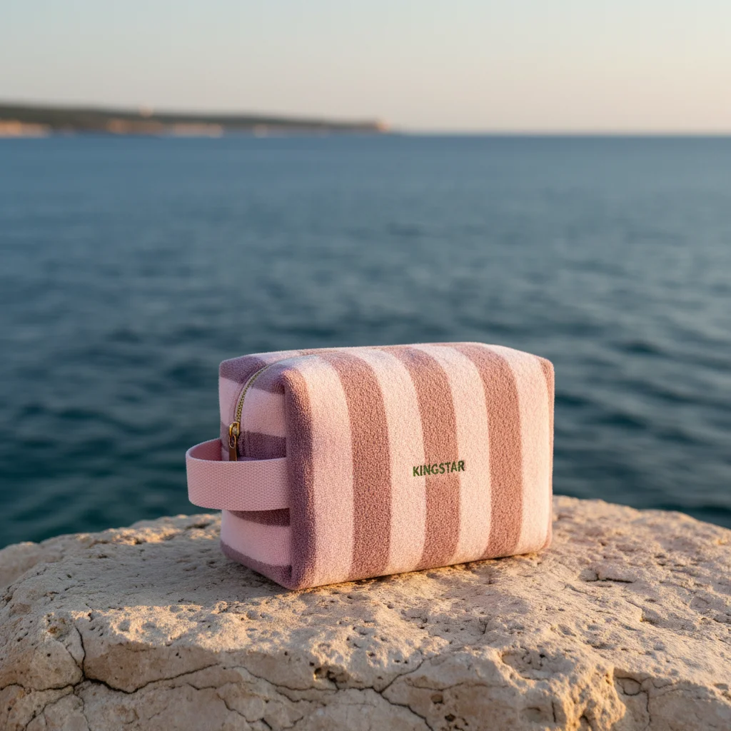Hot Pink Striped Travel for Toiletry Bag with Terry Towel Fashionable Waterproof Cosmetic Makeup Bag Zipper Closure
