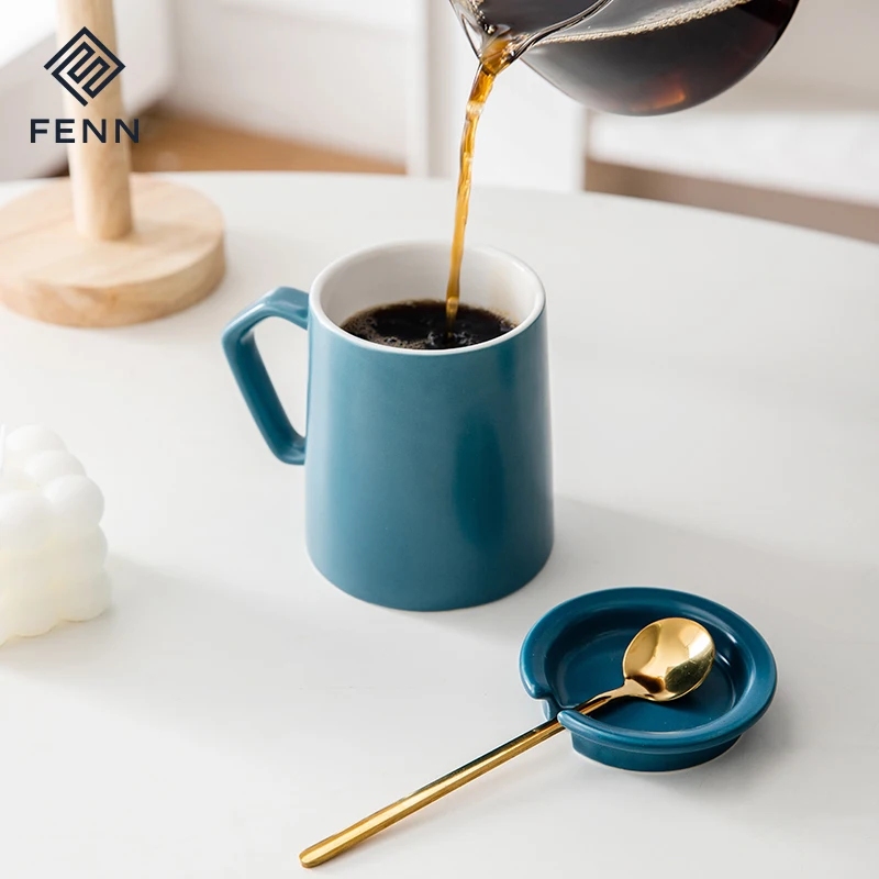 product fenn home office used blue color unique handle porcelain mug 350ml matte glaze ceramic coffee water mugs cups with lid-60