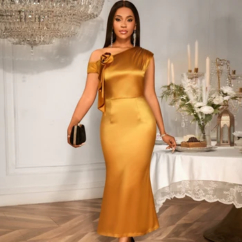 AM050752 Summer Elegant One Shoulder Asymmetrical 3D Flower Satin High Waist Brown Slim Fit Maxi Formal Sexy Women's Party Gowns