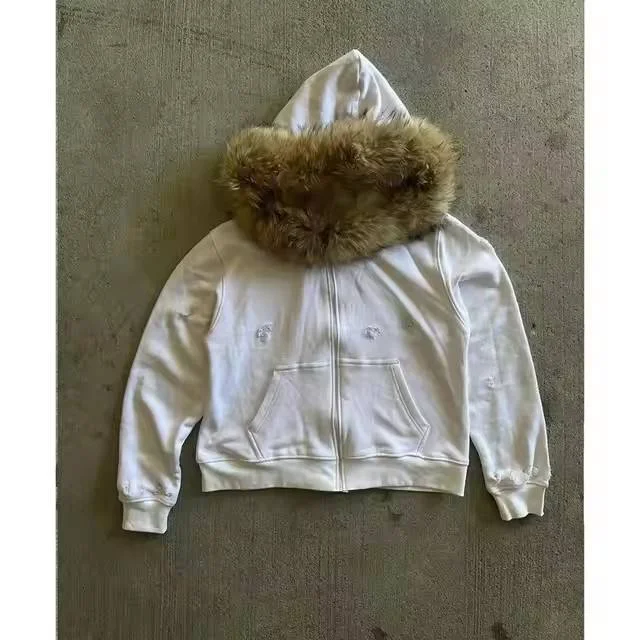 Unisex Winter French Terry Hoodie Streetwear Y2k Cotton High Quality Heavyweight Fleece Zip Fur Custom Embroidered Streetwear gallery 3