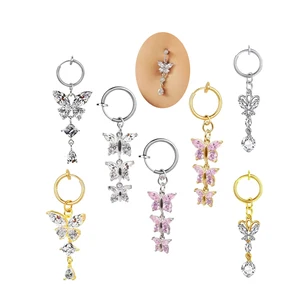 Fake Belly Piercing Clip on Butterfly Gold Plated Stainless Steel Sexy Body Jewelry with Zircon False Navel Piercing Jewelry