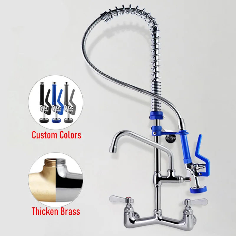 صنابير صنابير مطبخ تجارية للتمهيدي مثبتة على الحائط بنظام مقبضين وتثبيت ثنائي الثقوب للمطاعم والمتاجر مباشرة