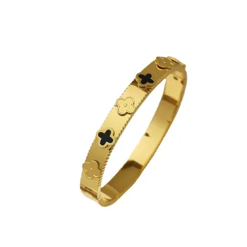 Designer Men/Women Gold-Plated Stainless Steel Clover Zircon Cuff Bracelet Fashionable Couple Accessory