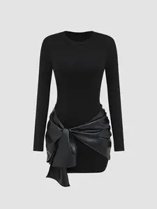 Spring and Autumn Women's Long Sleeve Solid Color Fashion PU Ribbon Elegant Slim Waist Bodycon Dress