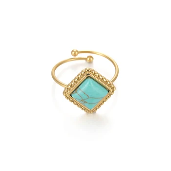 2022 Luxury Western Titanium Steel Adjustable Open Gold Plated Square Turquoise Ring for Women Jewelry