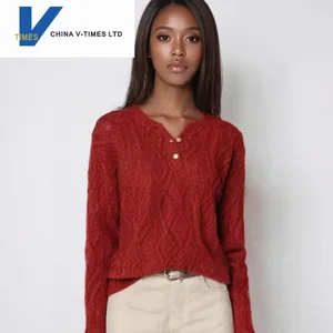 China V-times  Autumn New Korean Style Red V-Neck Knitted Pullover Sweater for Women Long Sleeve with Front Logo