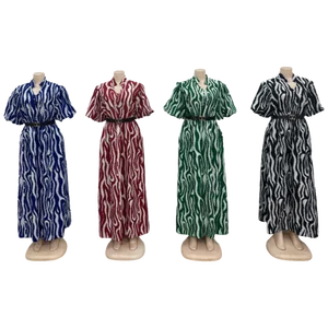 New Wholesale Loose Printed Fashion African Muslim Robe Women Lapel Short Sleeve Dress