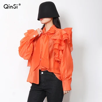 QINSI Elegant Temperament V-neck Long Sleeve Top Fashion Ruffle Top Chic Butterfly Sleeve Chiffon Top Women's Ruffle Blouse