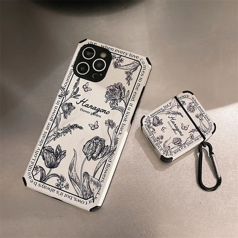 French Black and White Rose Leather Soft Protective Mini Mobile Earphone Case For AirPods 1/2 3 Pro Waterproof Shockproof