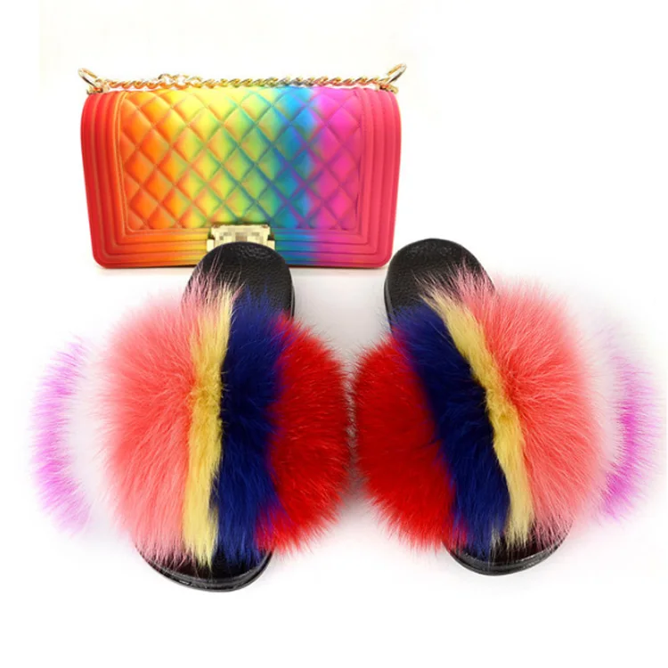 rainbow fur slides with purse