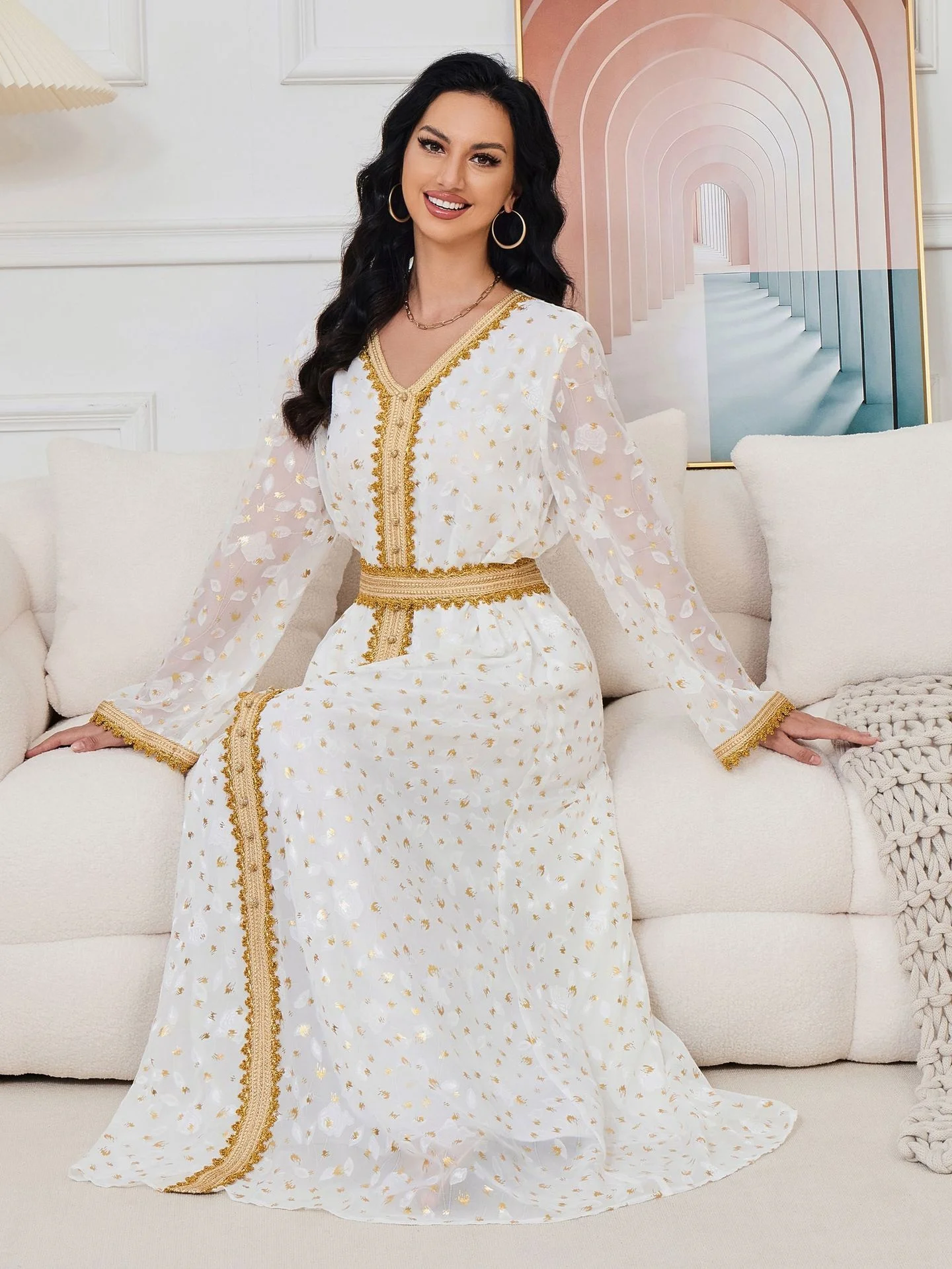2024 Islamic Women Kaftan Moroccan Gold Stamping Evening Party White Mesh  Floral Long Sleeve V-Neck Dress With Sashes Dubai Robe