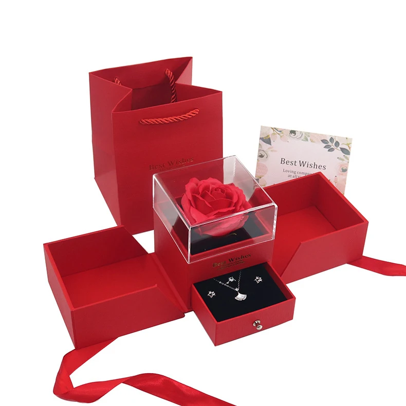 GR Red  Plastic Acrylic Jewelry Necklace Bracelet Drawer Box Preserved Rose  red Flower Wedding Boxes Valentine's Day gift