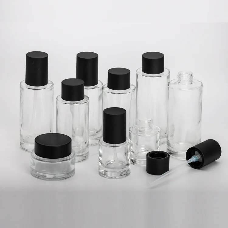 round flat shoulder 30ml 50ml 100ml transparent glass dropper cosmetic pump sprayer cream bottles set skincare packaging factory