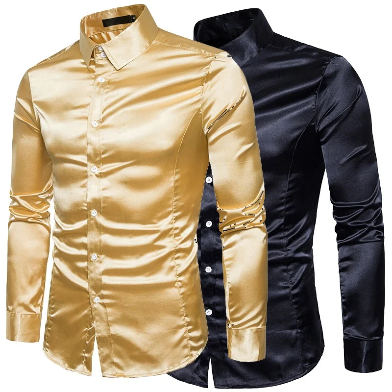 Men's Gold Silk Shirt - Slim Fit Satin Blouse for Formal Attire, Tuxedo  Shirt, Wedding & Business Wear - Breathable & Wrinkle-Free