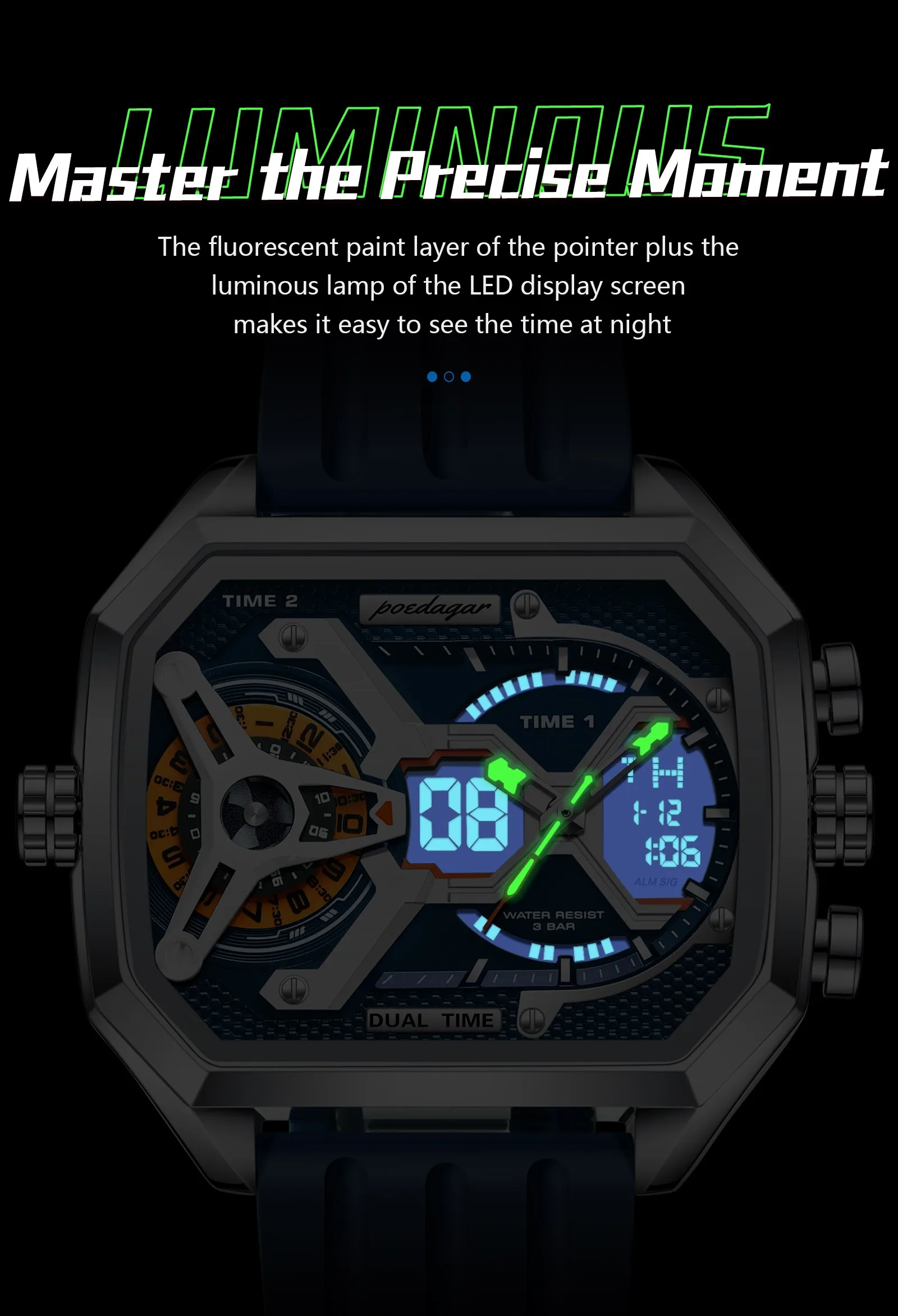 POEDAGAR E106发光时尚商务石英品牌双显示数字防水运动硅胶表带男士手表