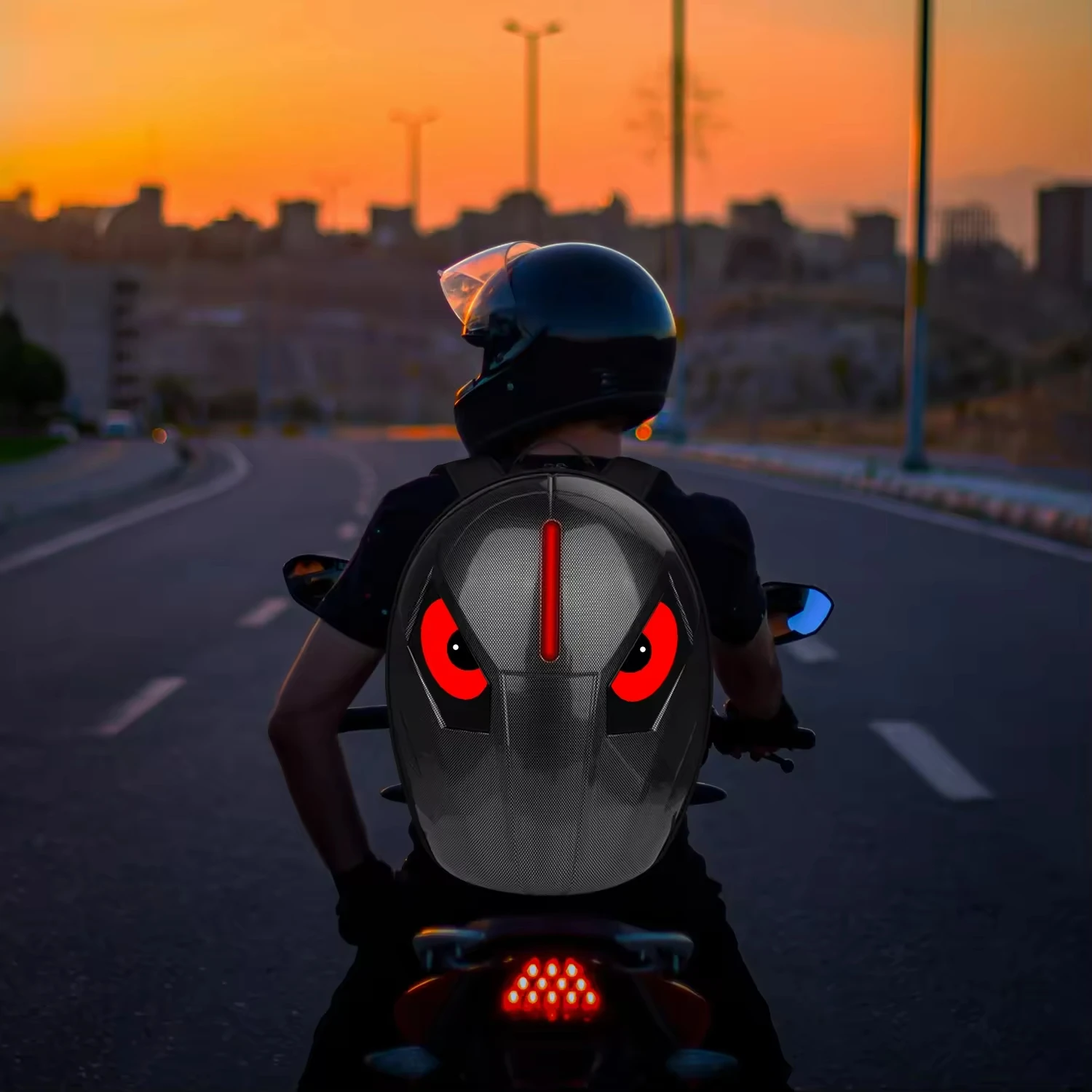 Hard Shell Cool Mask Eyes Motorcycle Riding Backpack Led High Capacity Helmet Waterproof LED Back Pack