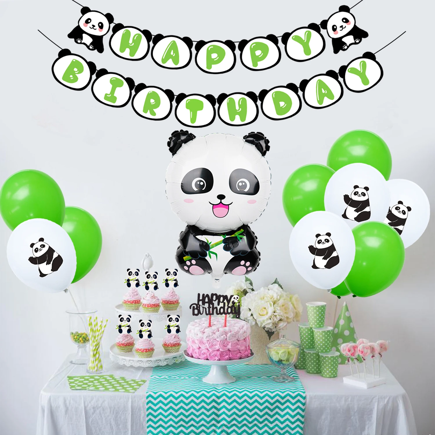 65-teiliges Panda-Party-Set – Mit Banner, Ballons, Cupcake-Topper, Tischdecke Für Kindergeburtstag Oder Babyparty