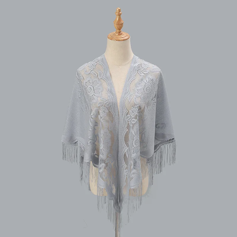 The New Autumn Winter Solid Color Hollow Out Tassels Scarves Fashion Breathable Lace Triangle Scarf and Shawls for Women