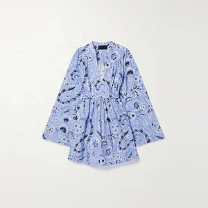 Clothing Manufacturer Custom Blue v Neck Long Sleeve Drawstring Printed Cotton Mini Women Elegant Casual Tulle Dress
