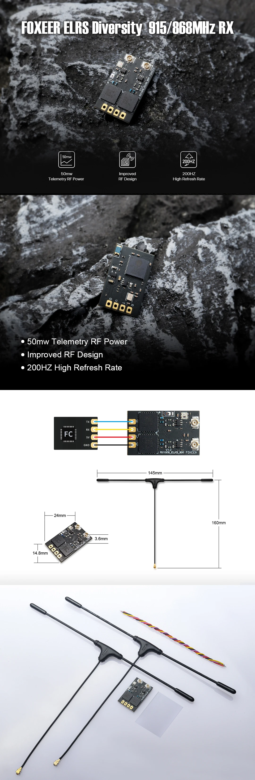 Foxeer Receiver 915MHz/868 DUAL RX ELRS Diversity 50mW Telemetry RF ...