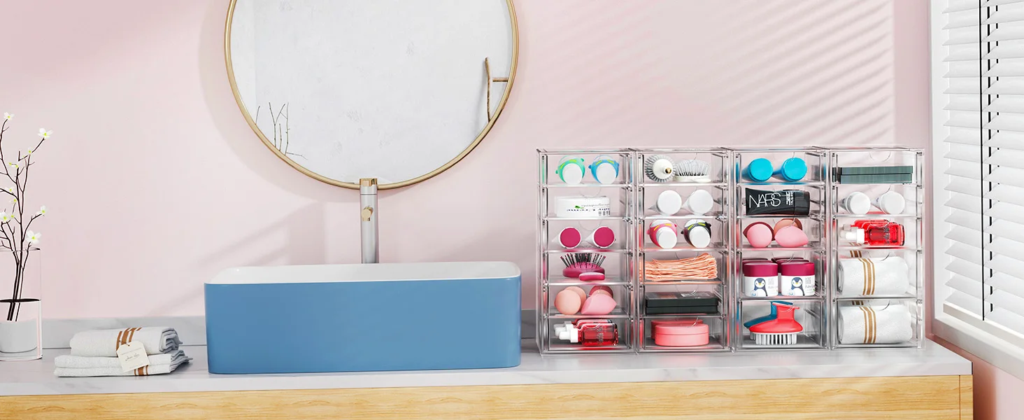 Makeup Organizer With 16 Drawers, 4 Pcs Desktop Office Supplies, Desk Organizer, Clear Desk Accessories,Stationary