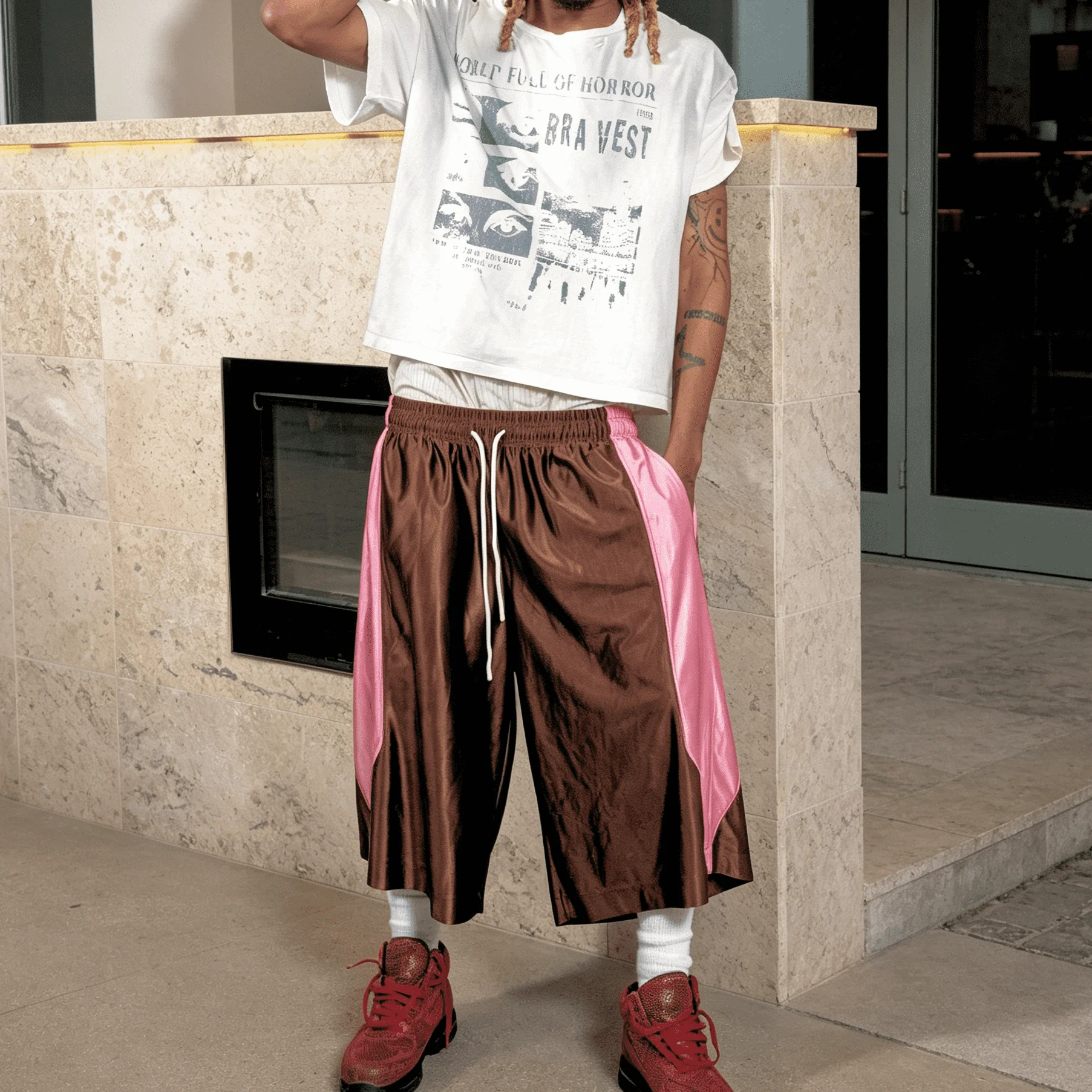 Custom Shiny Satin Color Block Capri Pants Men Elastic Drawstring Baggy Wide Leg Retro Sports Mid Calf Street Trousers