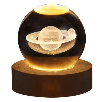 Wholesale Custom Wood Base 3D Crystal Ball Night Light Yellow Warm Light Night Light With Galaxy & Planet Pattern